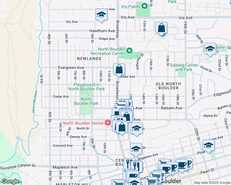 map of restaurants, bars, coffee shops, grocery stores, and more near 2950 Colorado 7 in Boulder