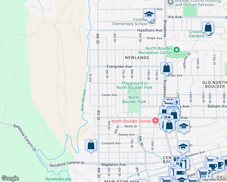 map of restaurants, bars, coffee shops, grocery stores, and more near 2953 6th Street in Boulder