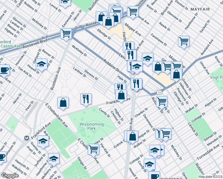 map of restaurants, bars, coffee shops, grocery stores, and more near 2850 Devereaux Avenue in Philadelphia