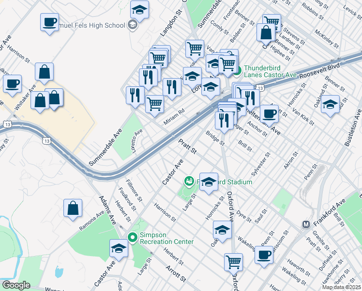 map of restaurants, bars, coffee shops, grocery stores, and more near 5223 Roosevelt Boulevard in Philadelphia