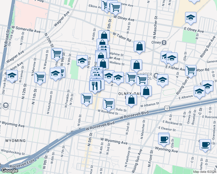 map of restaurants, bars, coffee shops, grocery stores, and more near 401 Lindley Avenue in Philadelphia