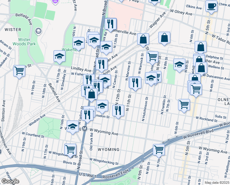 map of restaurants, bars, coffee shops, grocery stores, and more near 5014 North Camac Street in Philadelphia