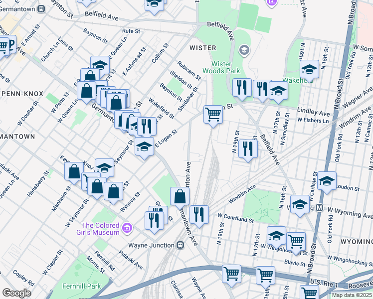 map of restaurants, bars, coffee shops, grocery stores, and more near 4830 Stenton Avenue in Philadelphia