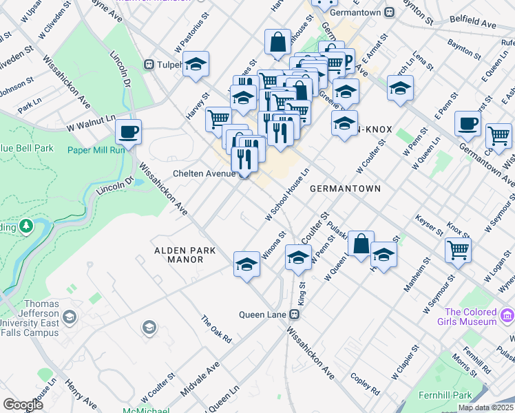 map of restaurants, bars, coffee shops, grocery stores, and more near 5535 Morris Street in Philadelphia