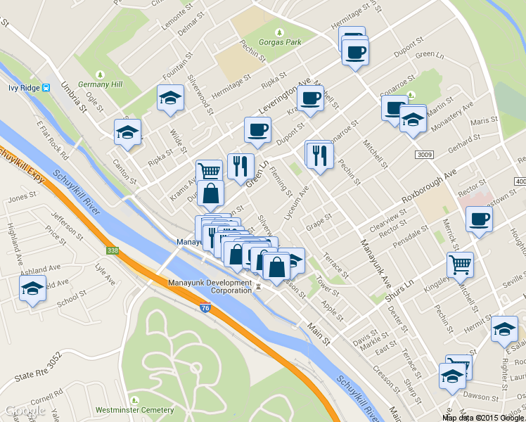 map of restaurants, bars, coffee shops, grocery stores, and more near 327 Carson Street in Philadelphia