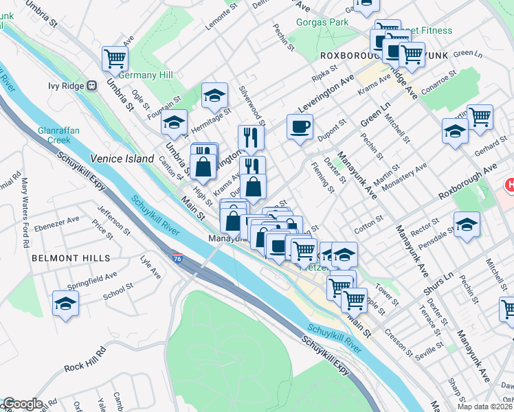 map of restaurants, bars, coffee shops, grocery stores, and more near 4515 Wilde Street in Philadelphia