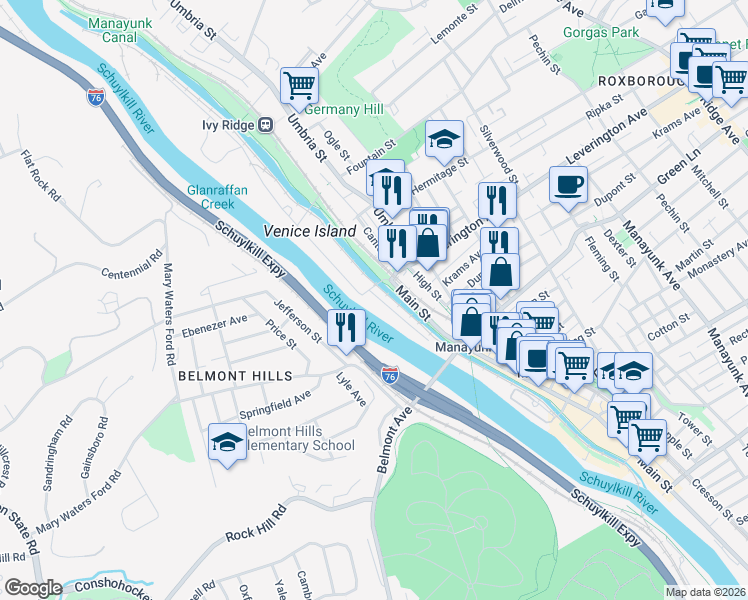 map of restaurants, bars, coffee shops, grocery stores, and more near 59R Leverington Avenue in Philadelphia
