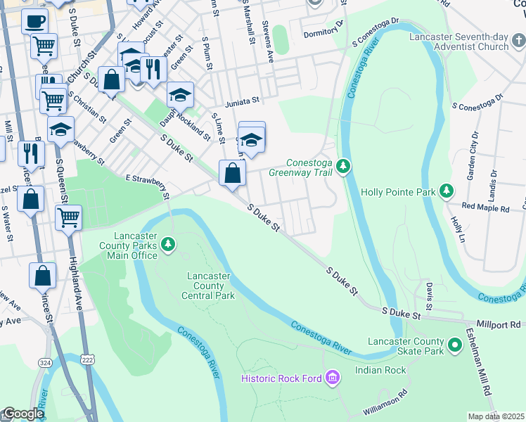 map of restaurants, bars, coffee shops, grocery stores, and more near 667 Harrison Street in Lancaster