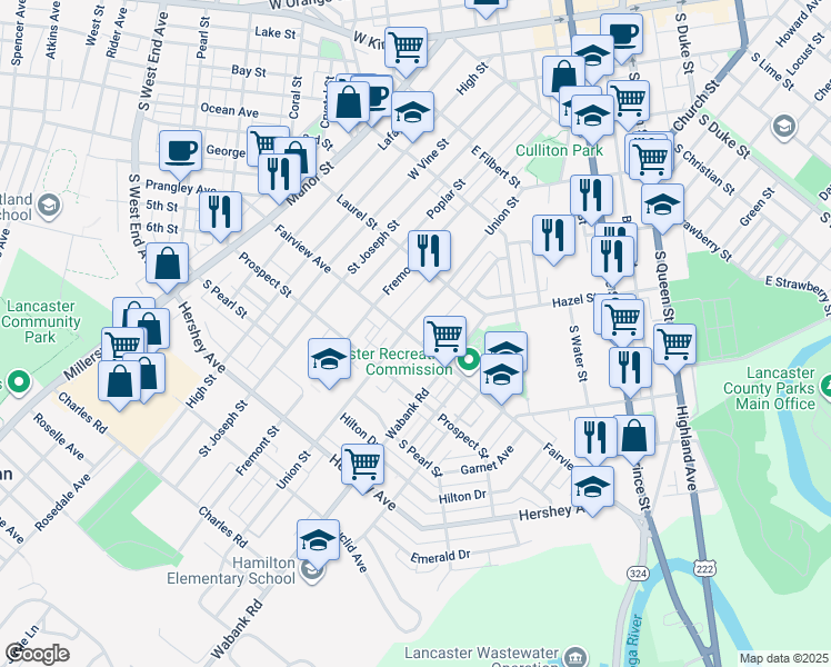 map of restaurants, bars, coffee shops, grocery stores, and more near 753 Union Street in Lancaster