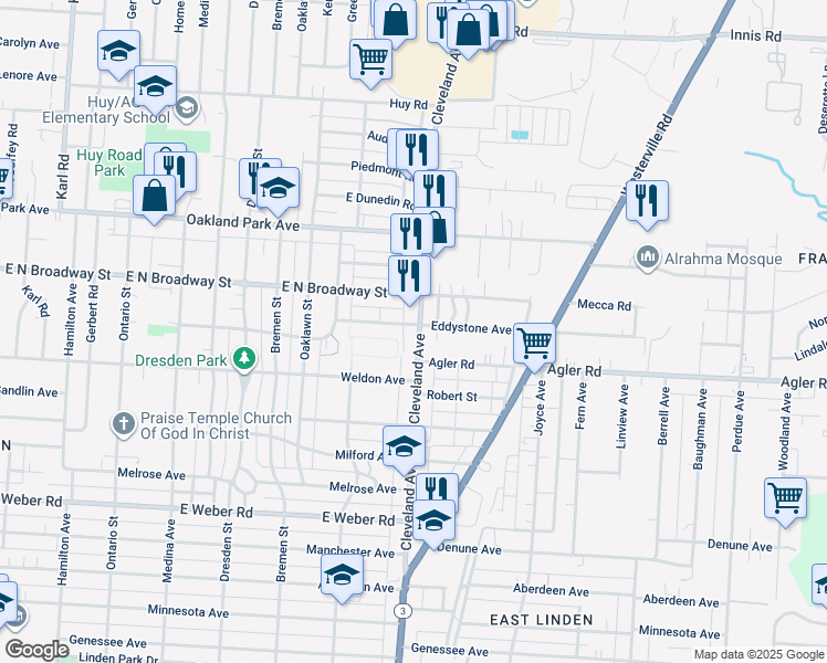 map of restaurants, bars, coffee shops, grocery stores, and more near 3009 Cleveland Avenue in Columbus