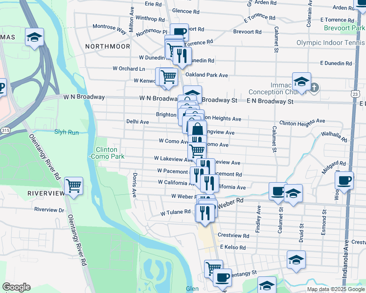 map of restaurants, bars, coffee shops, grocery stores, and more near 28-30 East Como Avenue in Columbus