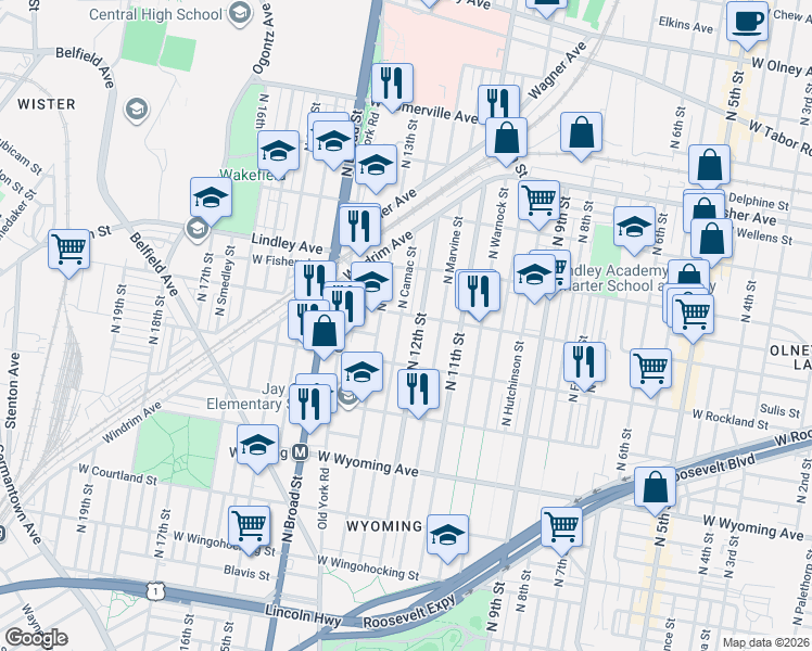 map of restaurants, bars, coffee shops, grocery stores, and more near 5014 North Camac Street in Philadelphia