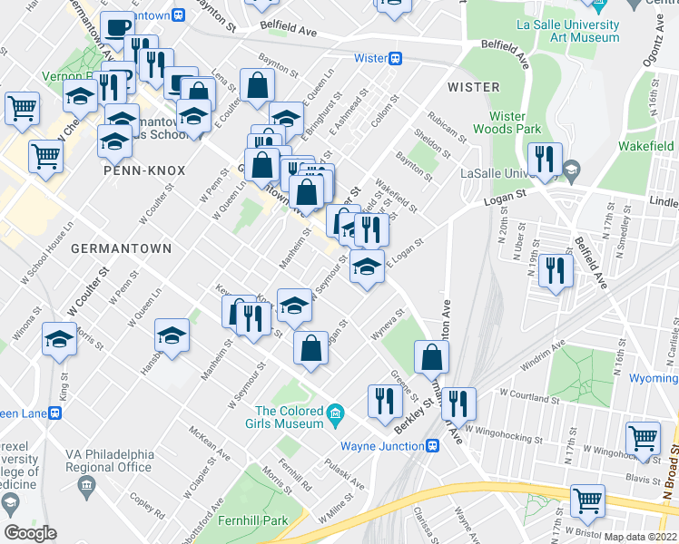 map of restaurants, bars, coffee shops, grocery stores, and more near 24 West Seymour Street in Philadelphia