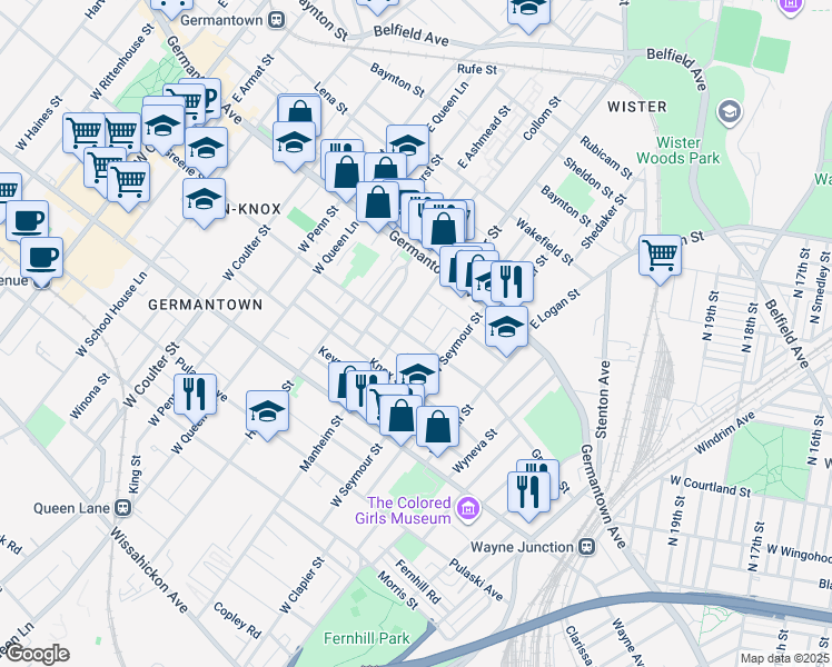 map of restaurants, bars, coffee shops, grocery stores, and more near 5037 Greene Street in Philadelphia