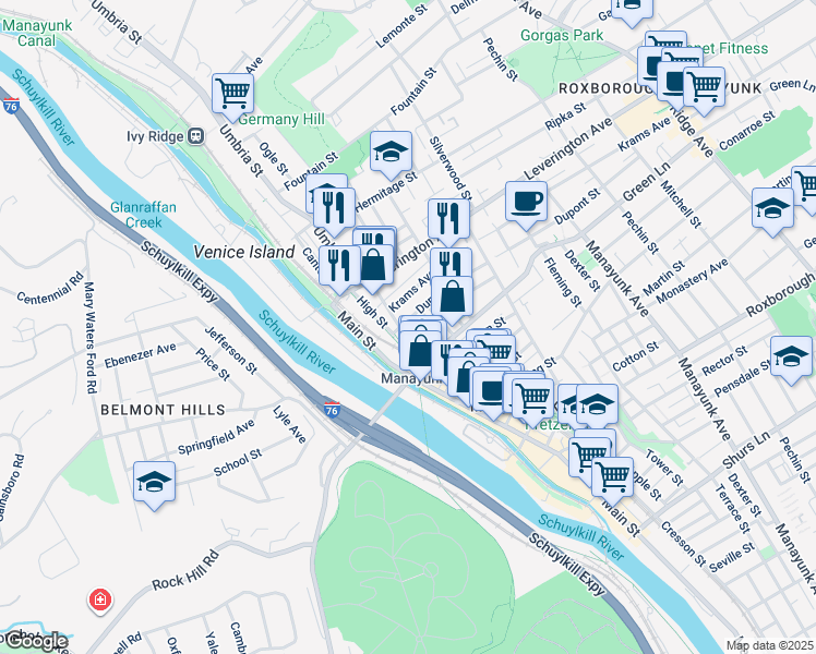 map of restaurants, bars, coffee shops, grocery stores, and more near 129 Dupont Street in Philadelphia