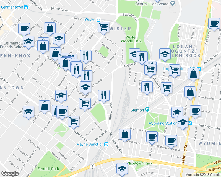 map of restaurants, bars, coffee shops, grocery stores, and more near 4830 Stenton Avenue in Philadelphia