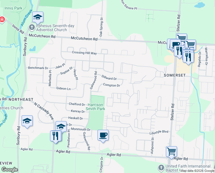map of restaurants, bars, coffee shops, grocery stores, and more near 3417 Dillward Drive in Columbus
