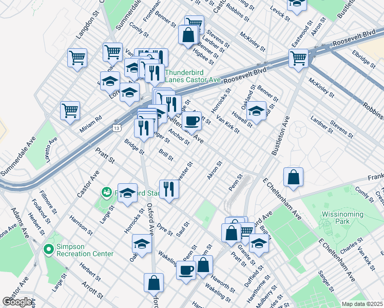 map of restaurants, bars, coffee shops, grocery stores, and more near 1217 Sanger Street in Philadelphia