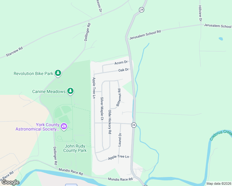 map of restaurants, bars, coffee shops, grocery stores, and more near 155 Bitternut Road in Mount Wolf