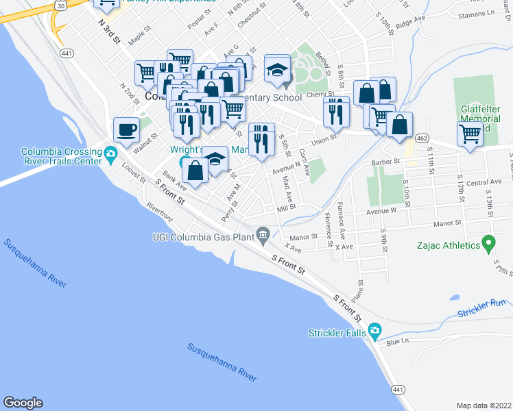 map of restaurants, bars, coffee shops, grocery stores, and more near 230 Lawrence Street in Columbia