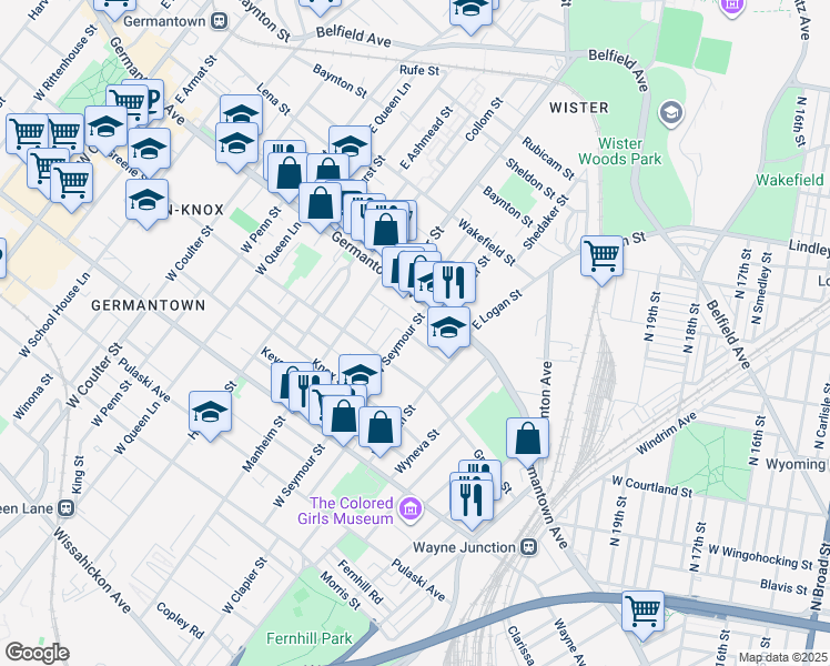 map of restaurants, bars, coffee shops, grocery stores, and more near 24 West Seymour Street in Philadelphia