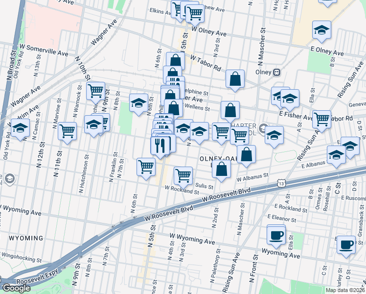 map of restaurants, bars, coffee shops, grocery stores, and more near 401 Lindley Avenue in Philadelphia