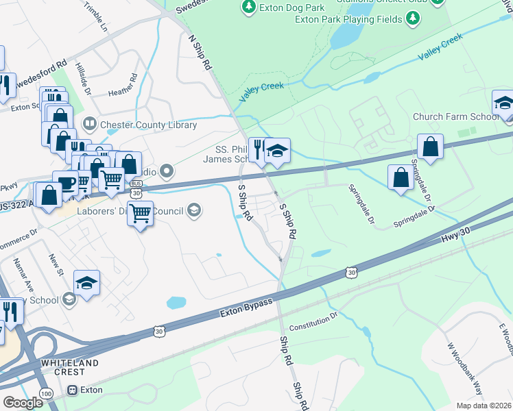 map of restaurants, bars, coffee shops, grocery stores, and more near 690 Lincoln Highway in Exton