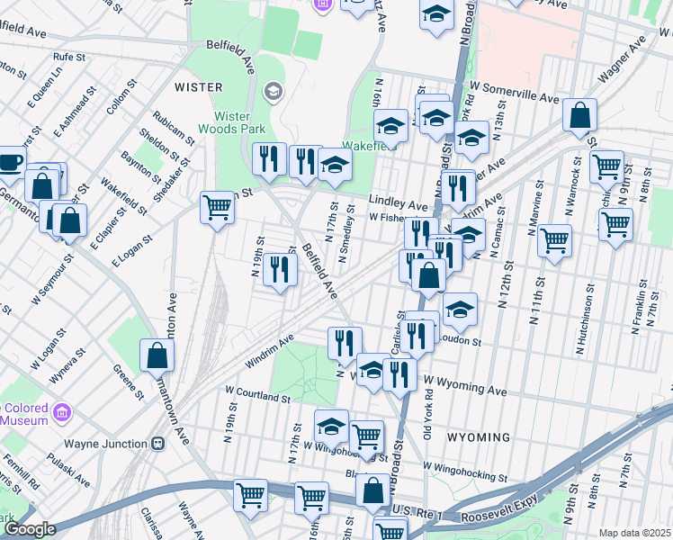 map of restaurants, bars, coffee shops, grocery stores, and more near 4908 North Smedley Street in Philadelphia
