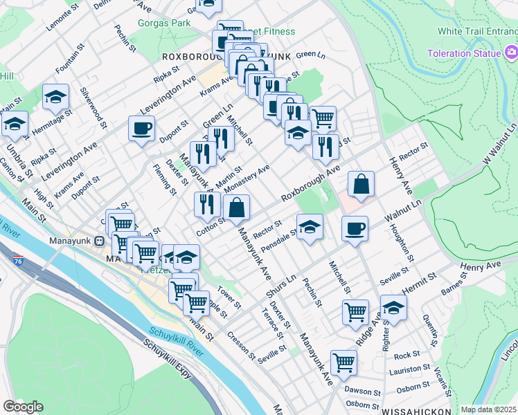 map of restaurants, bars, coffee shops, grocery stores, and more near 342 Roxborough Avenue in Philadelphia