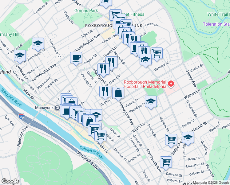 map of restaurants, bars, coffee shops, grocery stores, and more near 303 Monastery Avenue in Philadelphia