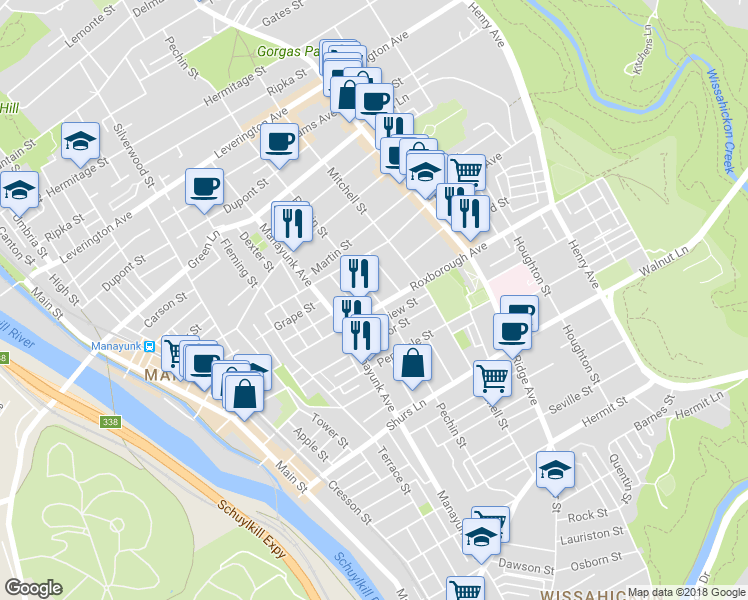 map of restaurants, bars, coffee shops, grocery stores, and more near 342 Roxborough Avenue in Philadelphia