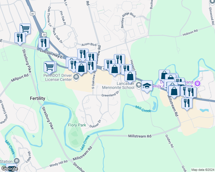 map of restaurants, bars, coffee shops, grocery stores, and more near 255 Greenland Drive in Lancaster