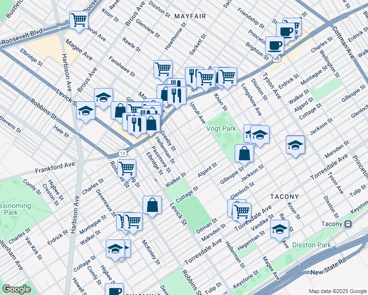 map of restaurants, bars, coffee shops, grocery stores, and more near 4157 Gilham Street in Philadelphia