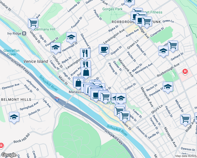 map of restaurants, bars, coffee shops, grocery stores, and more near 211 Carson Street in Philadelphia