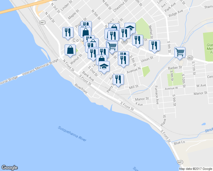 map of restaurants, bars, coffee shops, grocery stores, and more near 228 South 2nd Street in Columbia