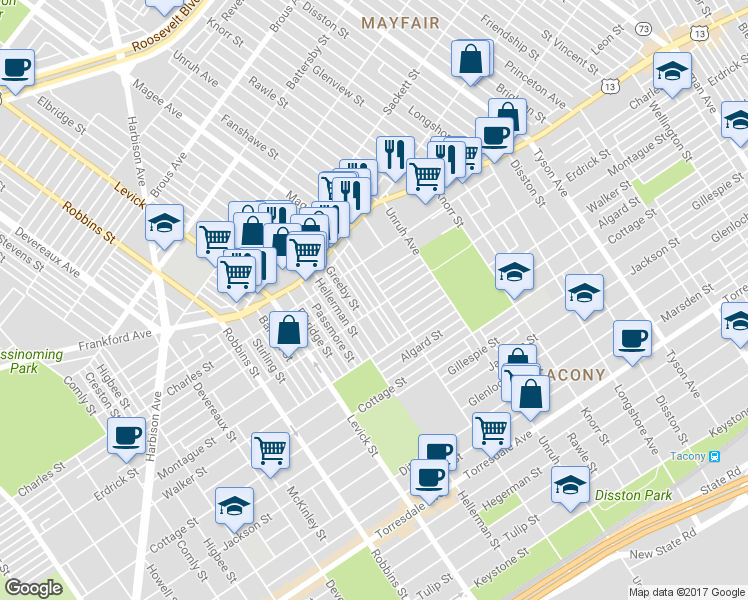 map of restaurants, bars, coffee shops, grocery stores, and more near 4157 Gilham Street in Philadelphia