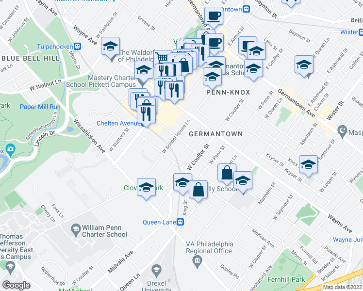 map of restaurants, bars, coffee shops, grocery stores, and more near 5430 Pulaski Avenue in Philadelphia