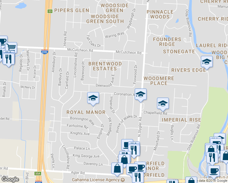 map of restaurants, bars, coffee shops, grocery stores, and more near 461 Denwood Drive South in Gahanna