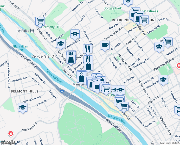 map of restaurants, bars, coffee shops, grocery stores, and more near 160 Green Lane in Philadelphia