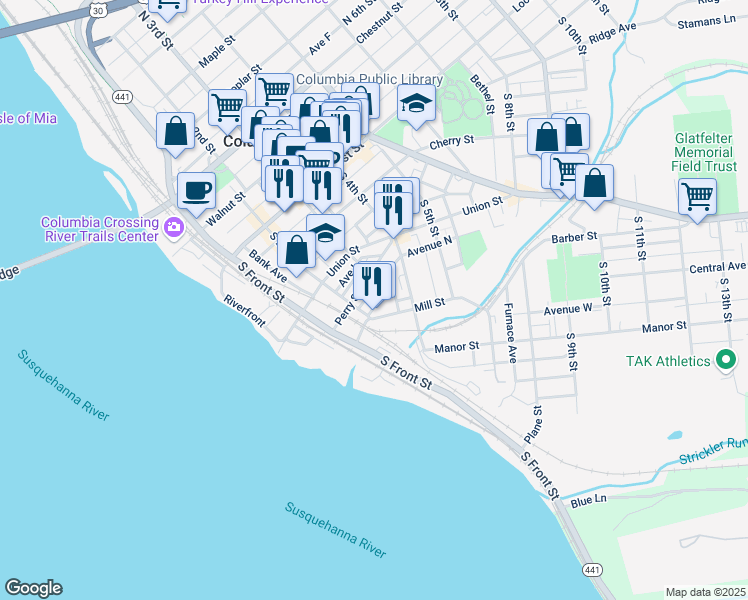 map of restaurants, bars, coffee shops, grocery stores, and more near 221 Lawrence Street in Columbia