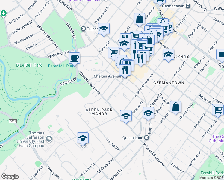 map of restaurants, bars, coffee shops, grocery stores, and more near 427 West Chelten Avenue in Philadelphia