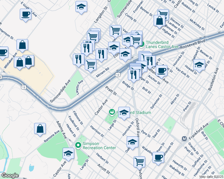 map of restaurants, bars, coffee shops, grocery stores, and more near 5204 Castor Avenue in Philadelphia