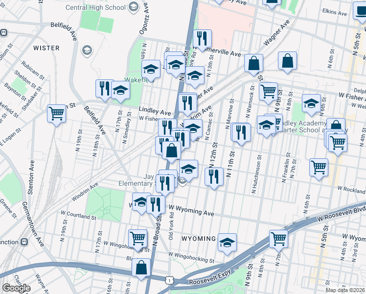 map of restaurants, bars, coffee shops, grocery stores, and more near 1306 West Ruscomb Street in Philadelphia