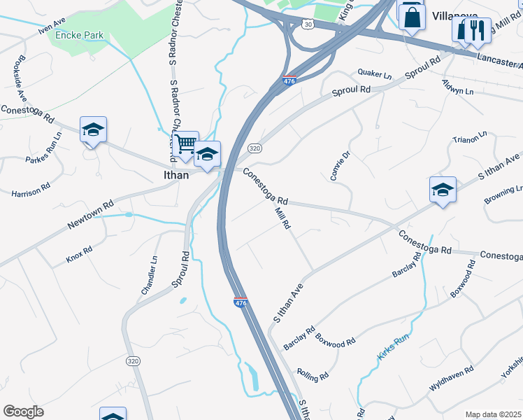 map of restaurants, bars, coffee shops, grocery stores, and more near 109 Radnor Avenue in Villanova