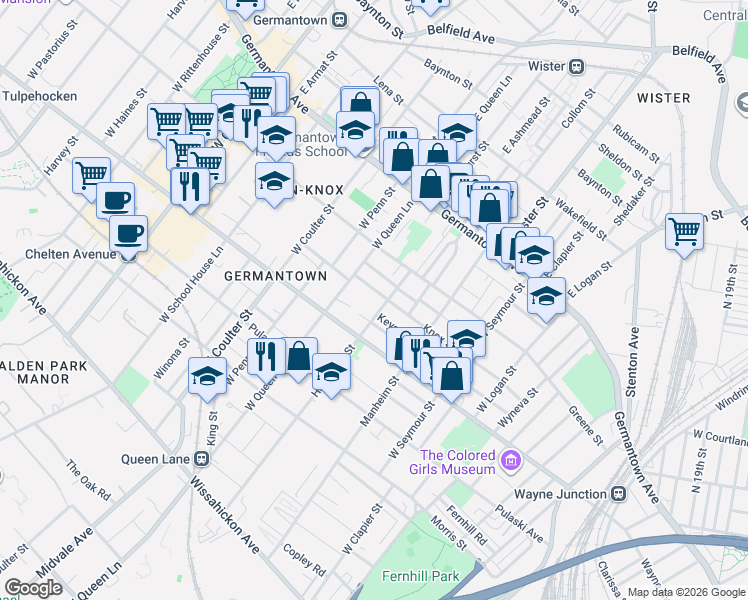 map of restaurants, bars, coffee shops, grocery stores, and more near 5234 Knox Street in Philadelphia