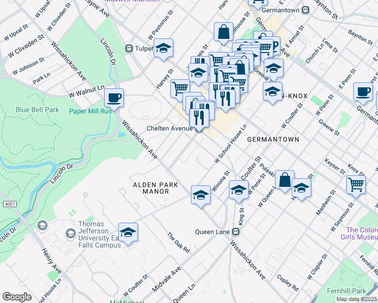 map of restaurants, bars, coffee shops, grocery stores, and more near 400 West Chelten Avenue in Philadelphia