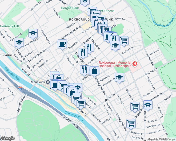 map of restaurants, bars, coffee shops, grocery stores, and more near 303 Monastery Avenue in Philadelphia