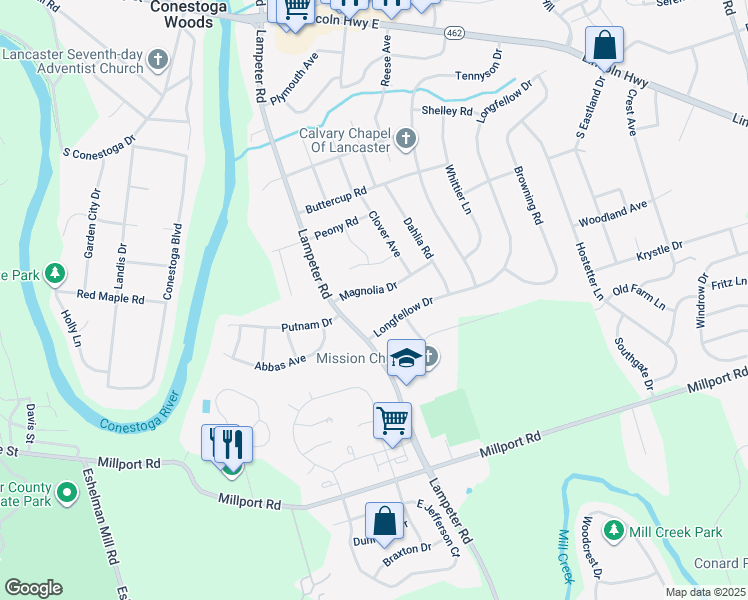 map of restaurants, bars, coffee shops, grocery stores, and more near 1615 Magnolia Drive in Lancaster