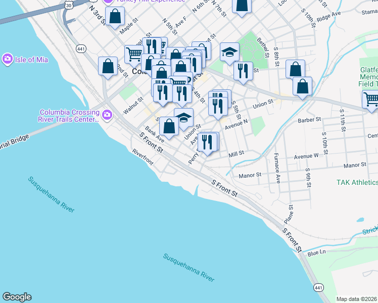 map of restaurants, bars, coffee shops, grocery stores, and more near 200 South 2nd Street in Columbia