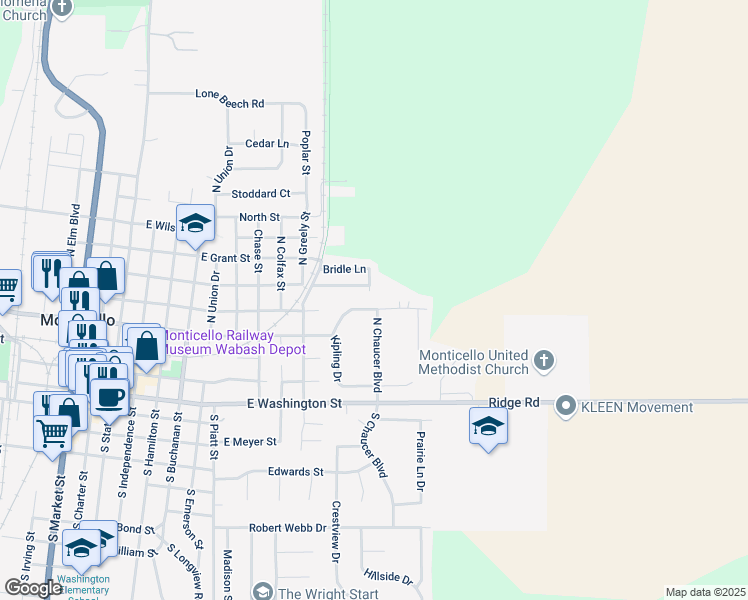 map of restaurants, bars, coffee shops, grocery stores, and more near 40 Carriage Drive in Monticello